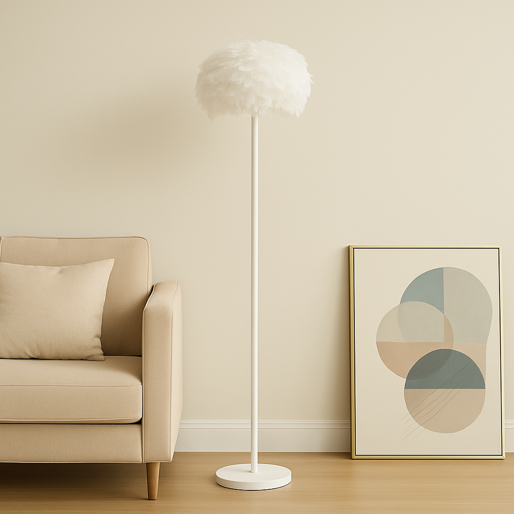 Lampadar PJA125 White pentru living, alb cu pene albe