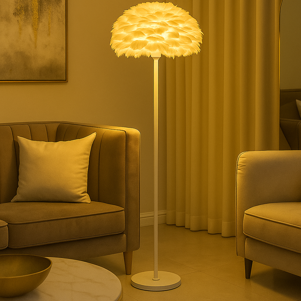 Lampadar PJA125 White pentru living, alb cu pene albe