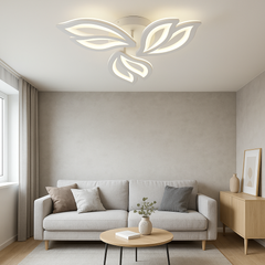 Lustra LED 19250/3WH cu design floral alb si lumina reglabila 3000–6500K, cu telecomanda, amplasata in living modern de dimensiune medie.