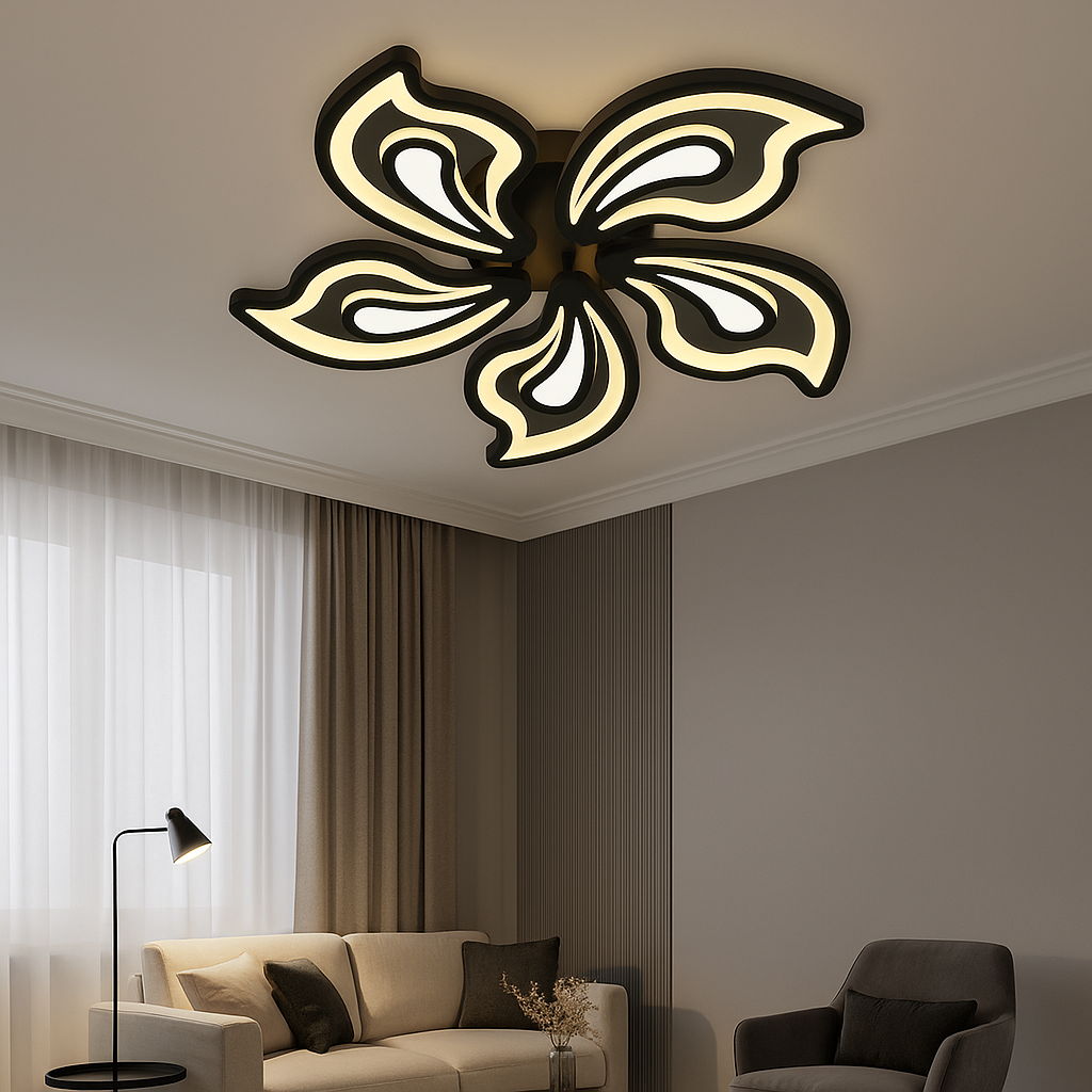 Lustra LED floral negru Ø690, 150W, design petale, lumina reglabila cu telecomanda, scenă living modern si elegant.