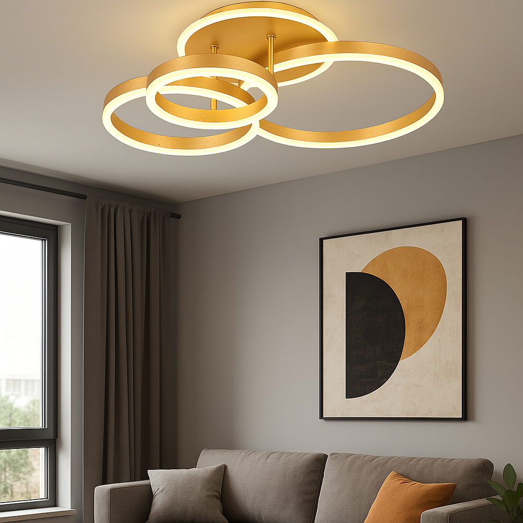 Lustra LED cu 3 cercuri aurii si telecomanda, montata in living modern, oferind luminare puternica si un stil decorativ elegant.
