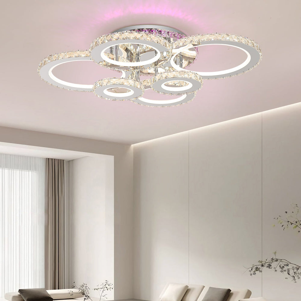 Lustra LED 238W cu 6 inele si RGB, lumina reglabila 3500K-6500K cu telecomanda, ideala pentru dormitoare moderne cu iluminare adaptabila si relaxanta