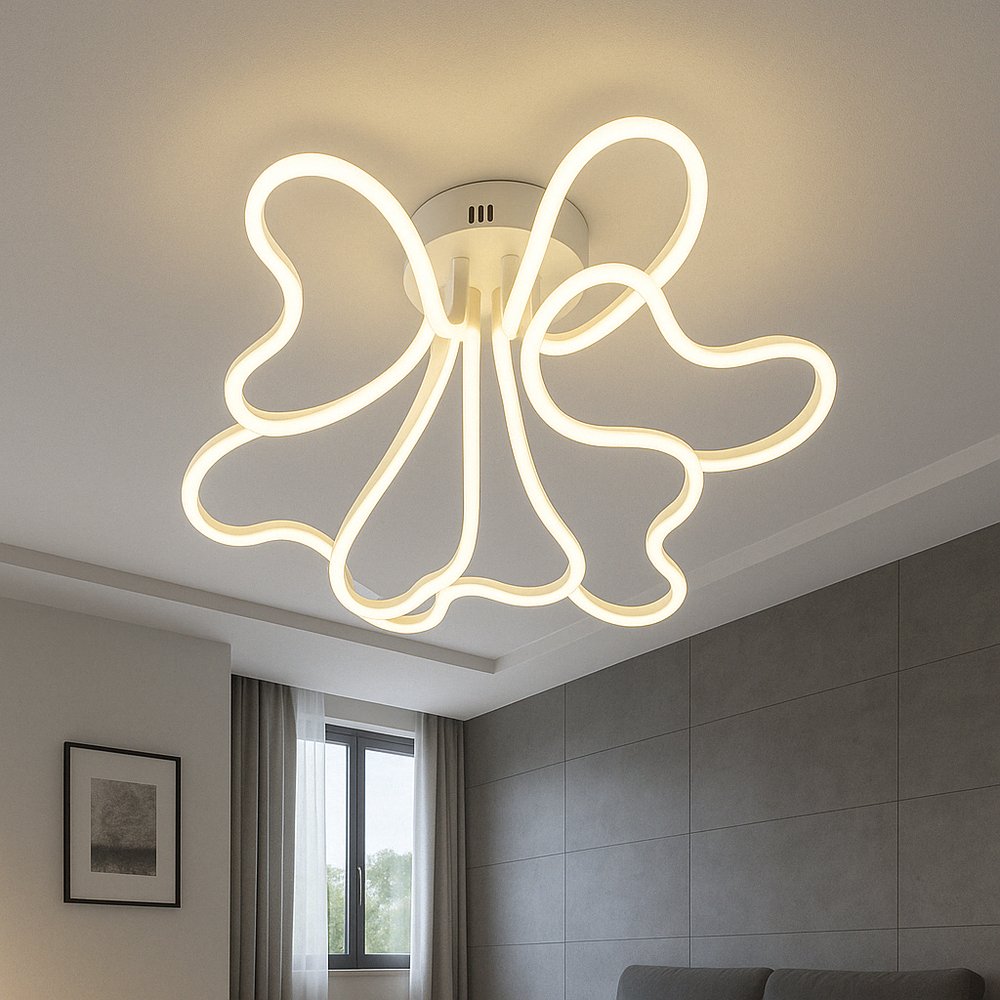 Lustra LED florala ondulata, 240W cu lumină reglabila si telecomanda, amplasata in zona de dining moderna pentru iluminare eleganta.
