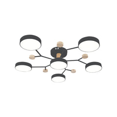 Lustra LED rotunda negru mat cu lemn 160W pentru dormitor modern, lumina rece-calda variabila cu telecomanda
