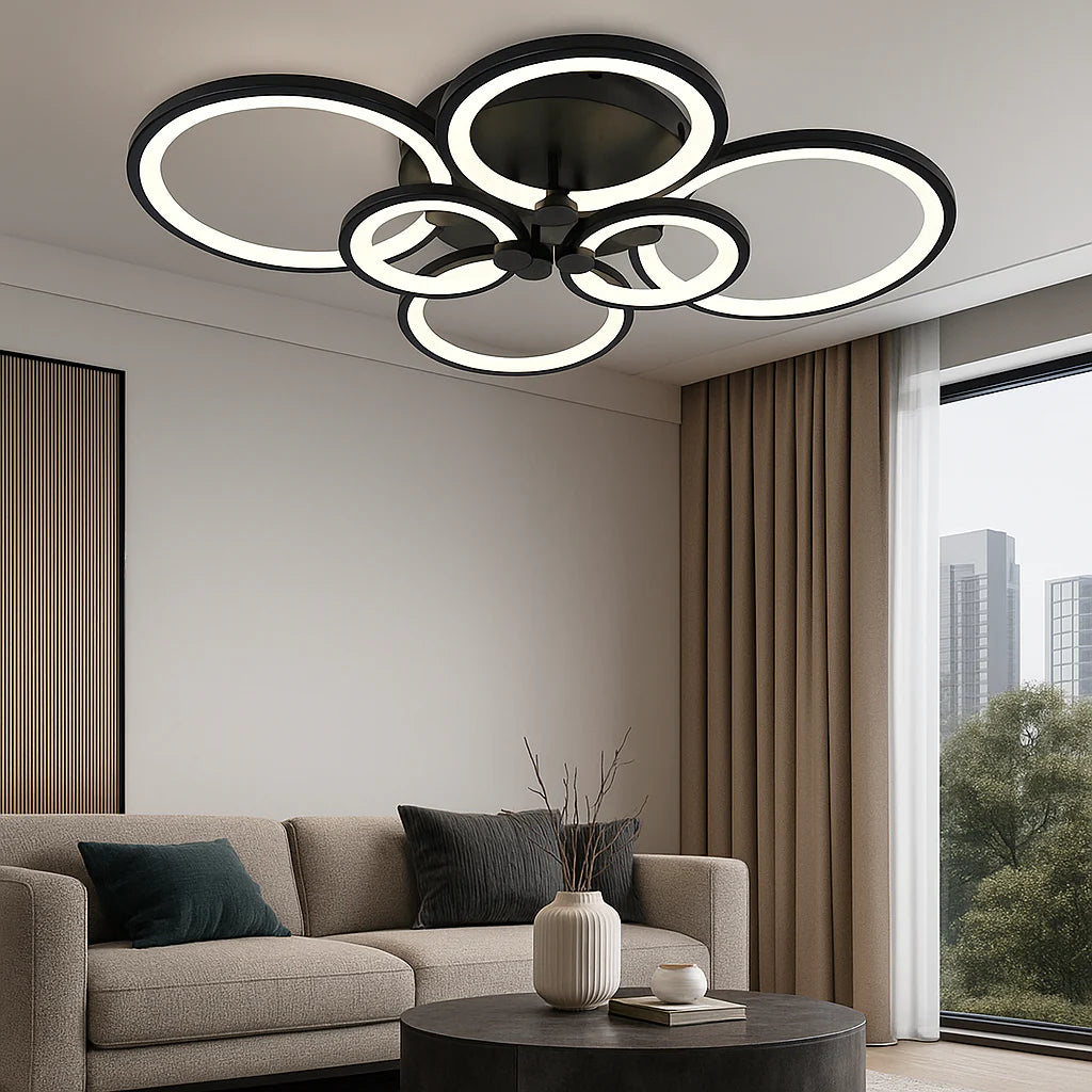 Lustra LED 8067/4+2BK negru 188W cu 6 inele moderne si lumina reglabila, ideal a pentru livinguri contemporane