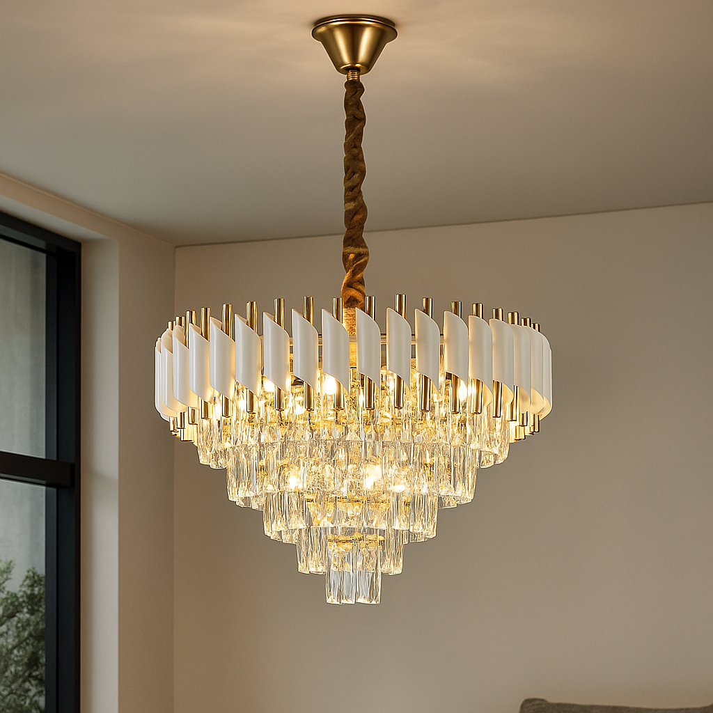 Candelabru rotund auriu cu panouri albe și cristale, devenind centrul vizual luxos al unui living mare cu decor premium.