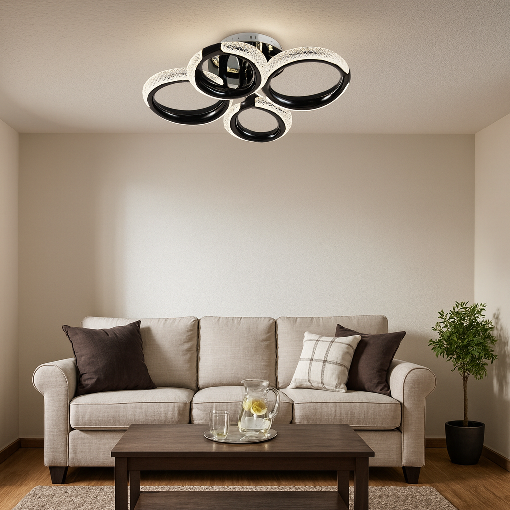 Lustra LED P011-2+2 cu patru cercuri decorative si finisaj negru lucios, lumina reglabila si telecomanda, iluminand un living modern.
