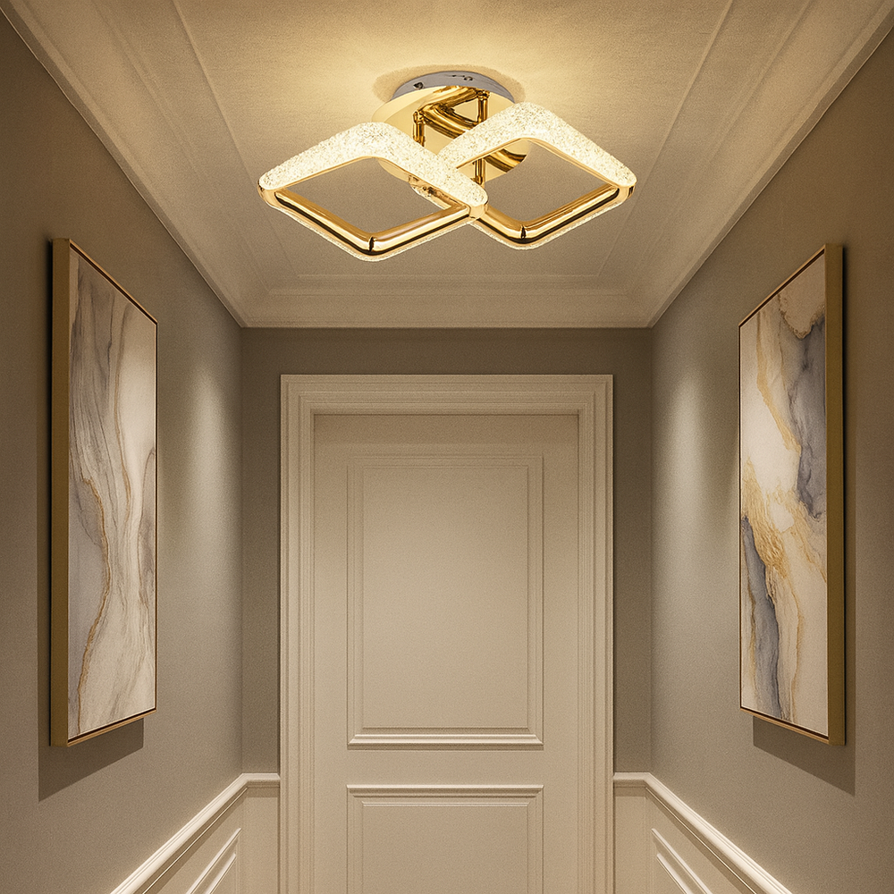 Lustra LED patrata aurie P013-2 cu telecomanda, montata pe hol modern, iluminare LED puternica si reglabila pentru utilizare zilnica