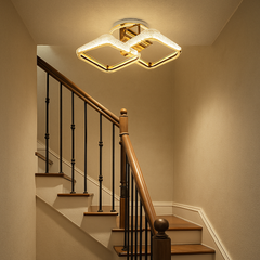 Lustra LED patrata aurie P013-2 cu telecomanda, montata pe casa scarii, iluminare LED eleganta si clara pentru spatii moderne