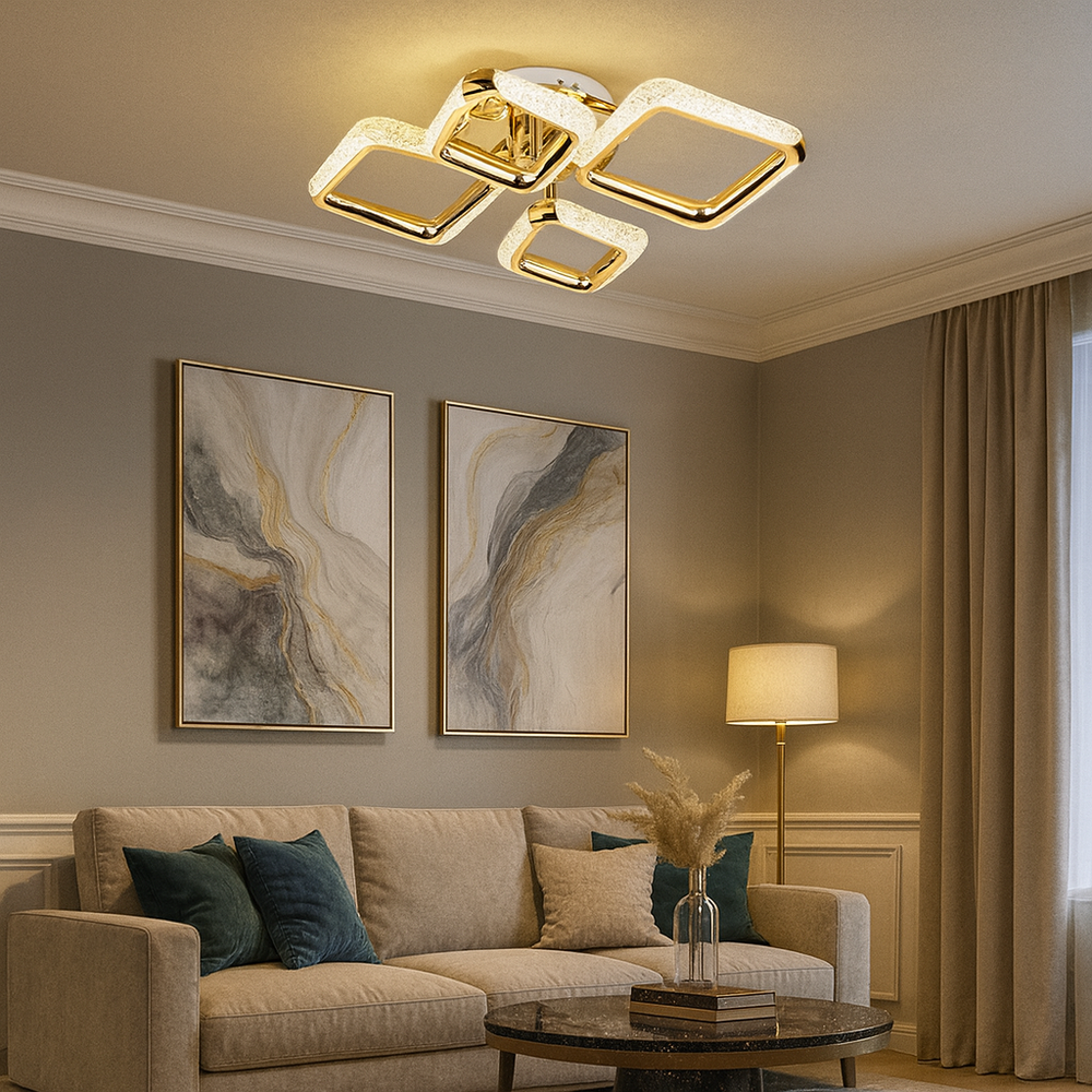 Lustra LED patrata aurie P013-2+2 cu telecomanda, montata in living modern, iluminare LED puternica si reglabila