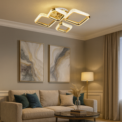 Lustra LED patrata aurie P013-2+2 cu telecomanda, montata in living modern, iluminare LED puternica si reglabila