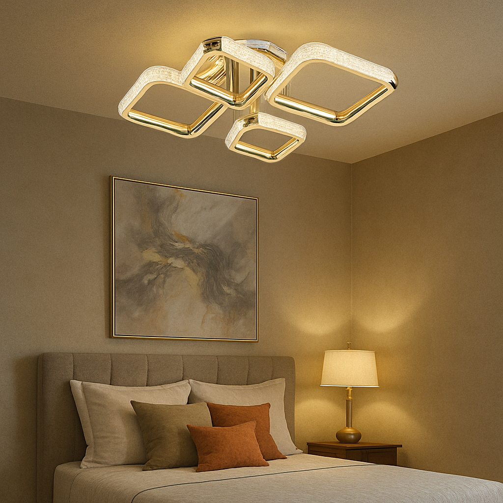 Lustra LED patrata aurie P013-2+2 cu telecomanda, instalata in dormitor modern, lumina LED reglabila pentru confort vizual