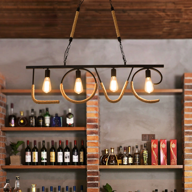 Pendul JD-83 rustic-industrial cu franghii si metal, 8 dulii E27, ideal pentru livinguri vintage moderne cu personalitate.