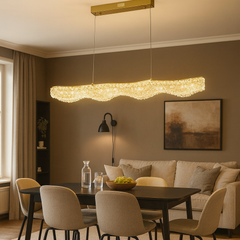 Candelabru LED auriu liniar cu cristale suspendat 98cm cu telecomanda, iluminat premium pentru masa dining