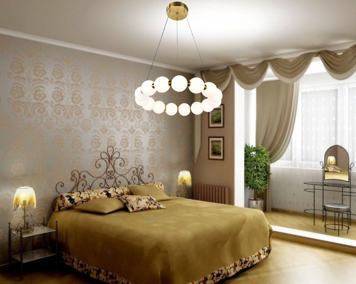 Lustra LED rotunda aurie cu globuri opal, lumina calda sau rece, design elegant pentru dormitor