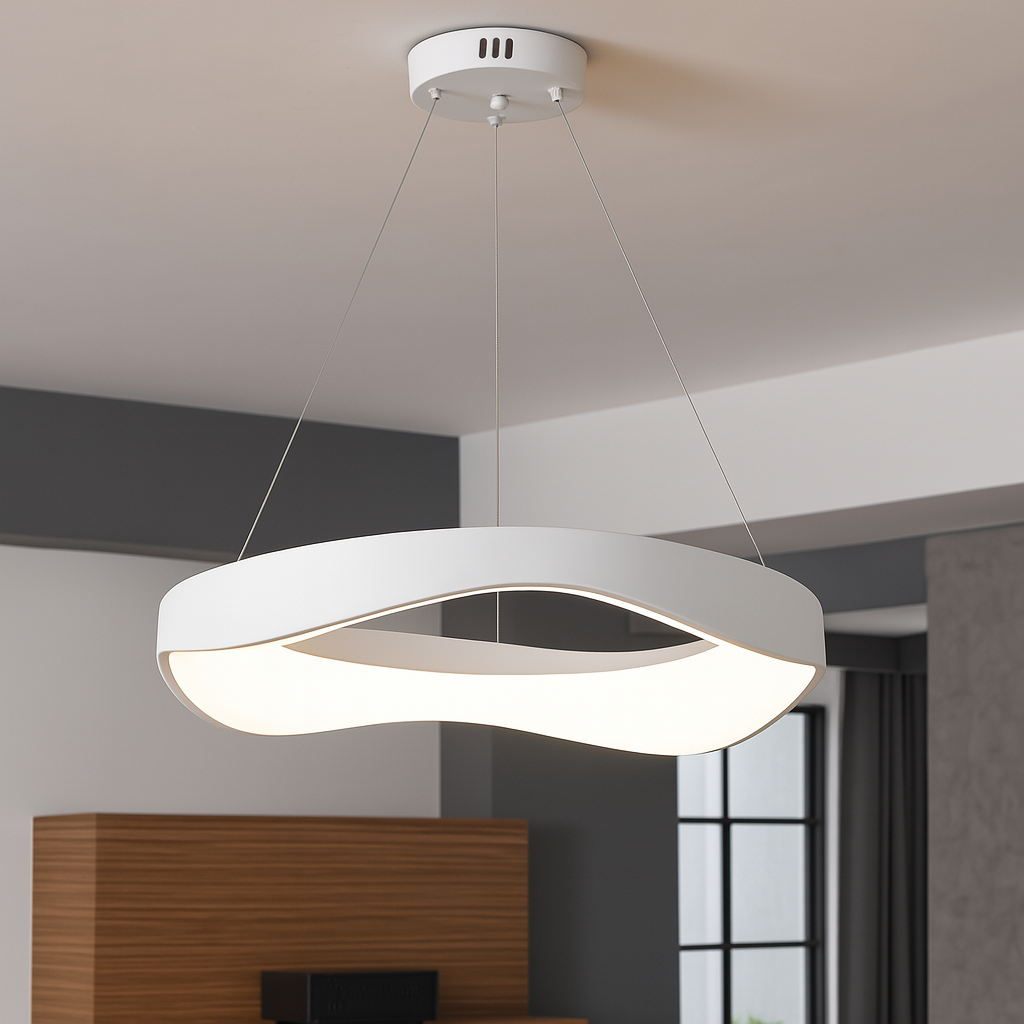 Lustra LED rotunda alba 520mm suspendata in living modern, lumina reglabila cu telecomanda