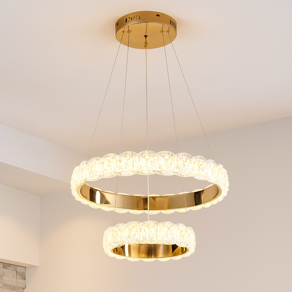 Lustra LED cu 2 cercuri aurii ofera iluminare decorativa moderna si devine punct focal elegant in livinguri spatioase.
