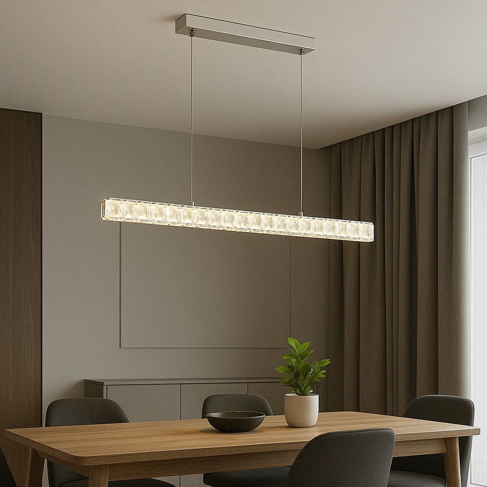 Lustra LED tip bara argintiu Flow 56W 80cm cu telecomanda, iluminare moderna pentru dining