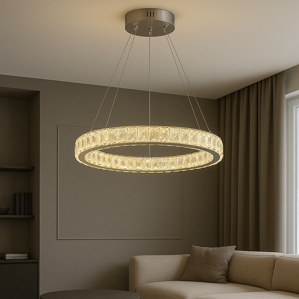 Lustra LED rotunda argintiu Orbit 56W cu telecomanda, design modern pentru living cu tavan inalt