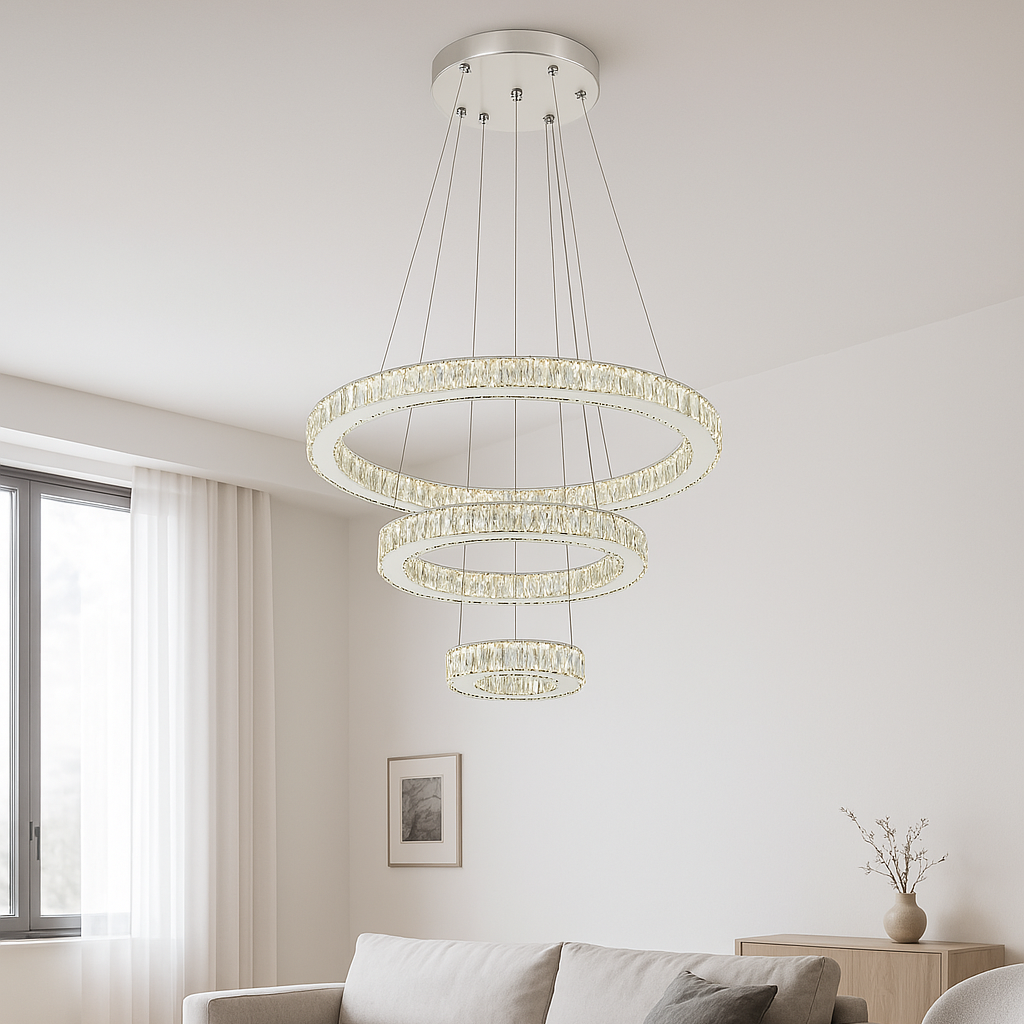 Lustra LED trei cercuri auriu Symphony 120W cu telecomanda, punct focal spectaculos pentru living