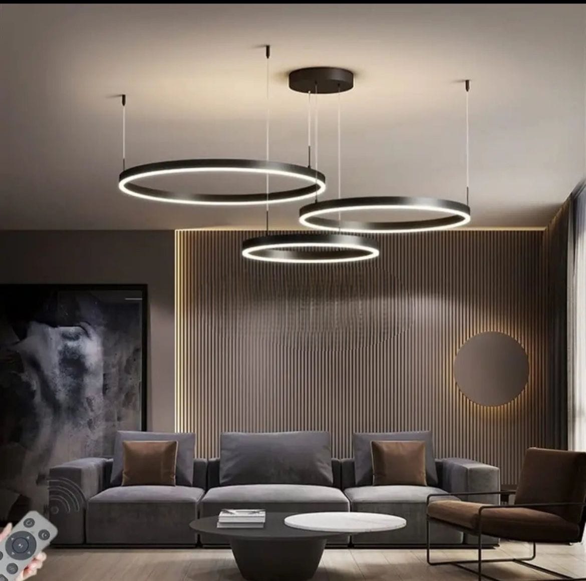 Lustra LED neagra 3 cercuri suspendata cu telecomanda, iluminare moderna pentru living cu tavan inalt