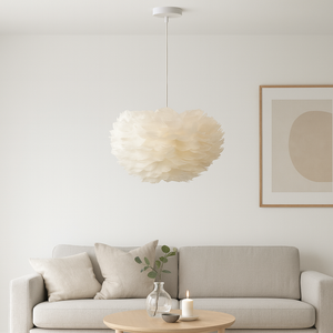 Pendul LED alb 120 cm cu abajur din pene si bec