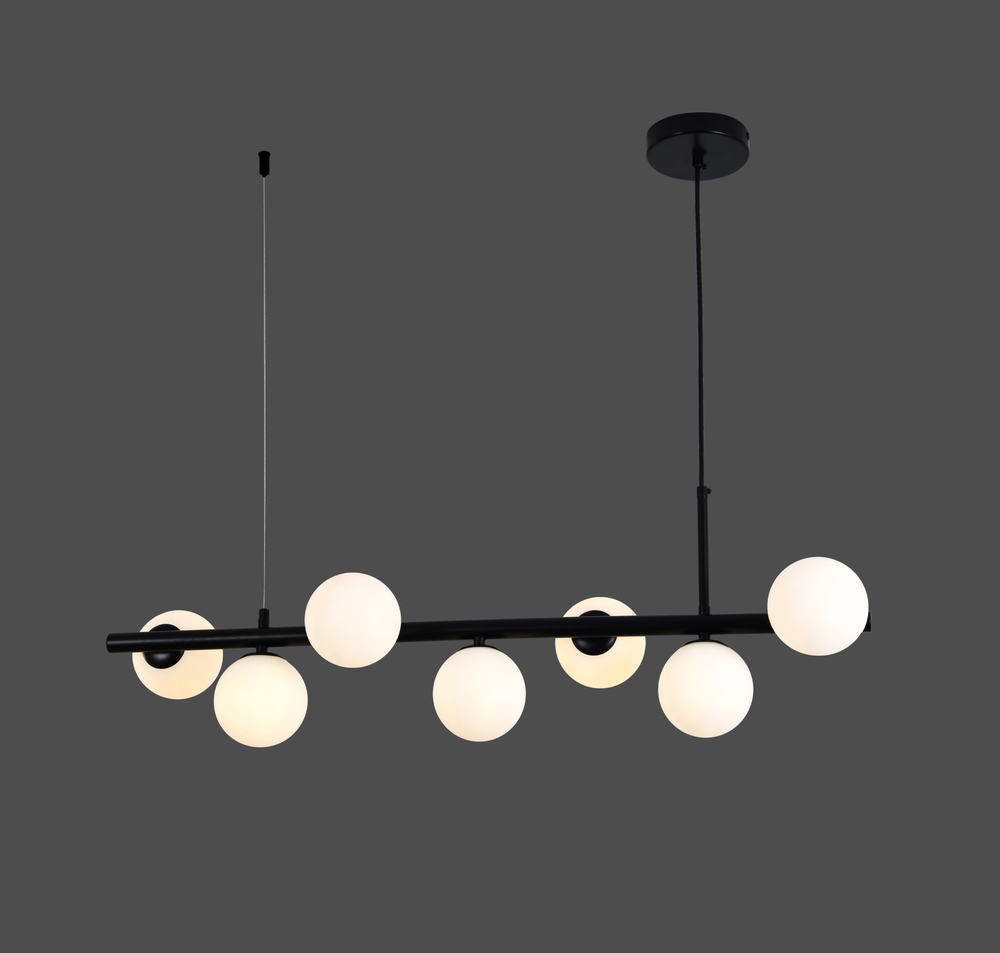 Lustra LED negru mat 7 globuri sticla mata, iluminare stil industrial pentru bar si cafenea