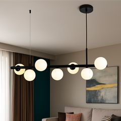 Lustra LED negru mat 7 globuri sticla mata, iluminare moderna pentru living contemporan