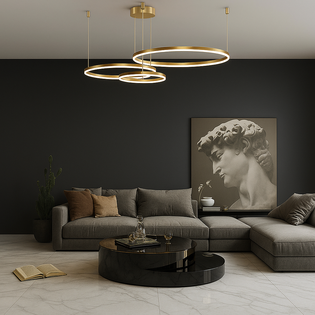 Lustra LED aurie 3 cercuri suspendata cu telecomanda, iluminare moderna pentru living cu tavan inalt