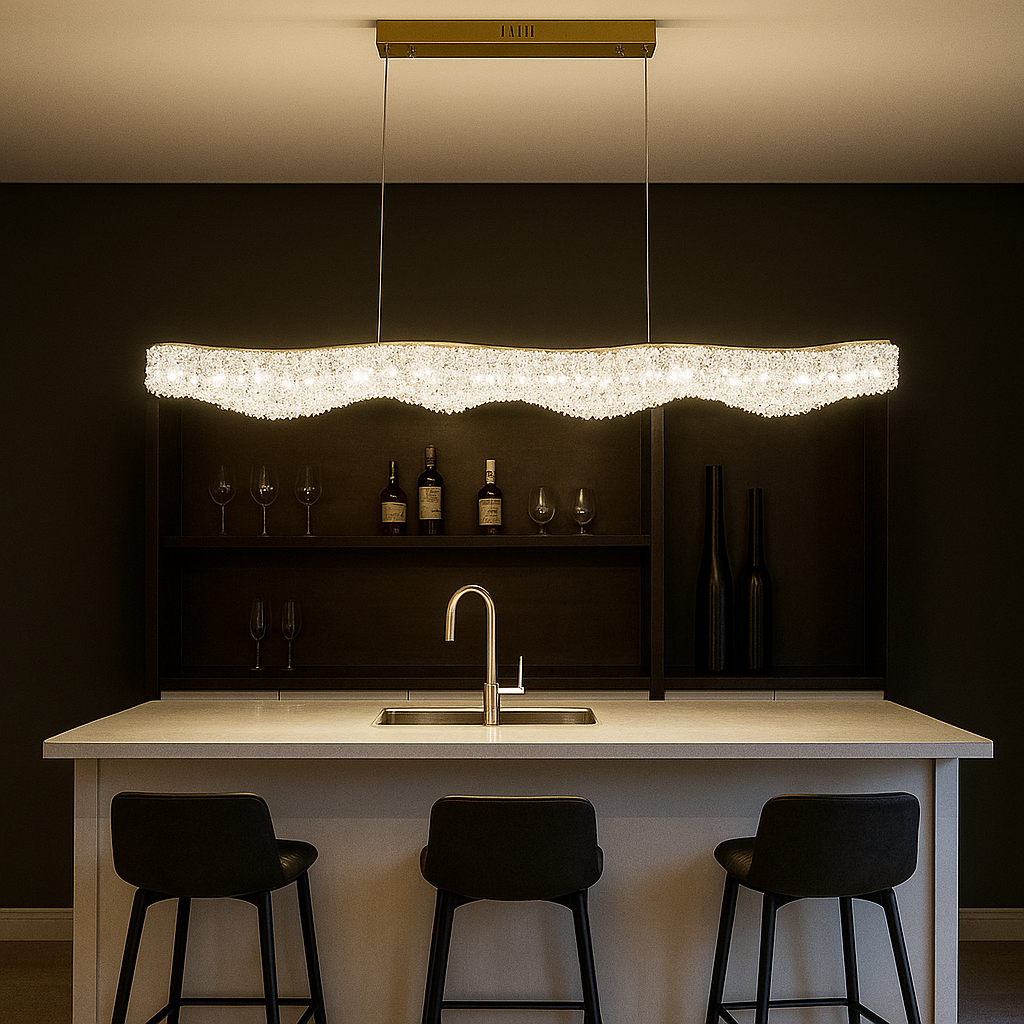 Candelabru LED auriu liniar cu cristale 98cm cu telecomanda, iluminat sofisticat pentru bar sau tejghea