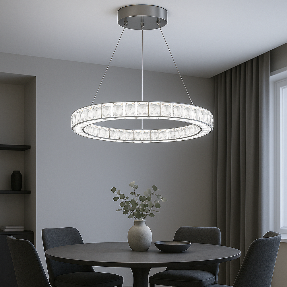 Lustra LED rotunda argintiu Orbit 56W cu telecomanda, punct central modern pentru zona de dining