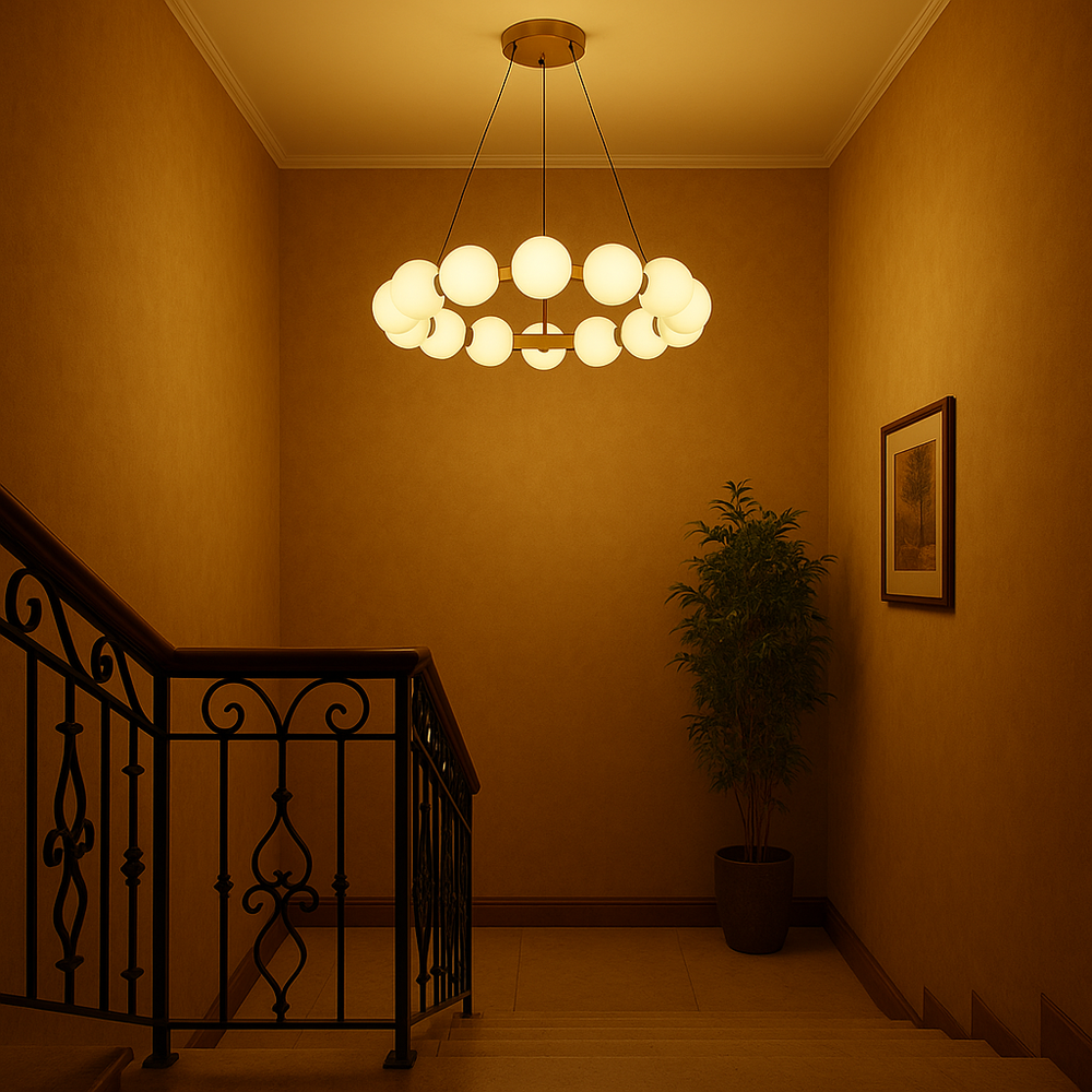Lustra LED rotunda aurie cu globuri opal suspendata pe casa scarii, lumina reglabila ambientala