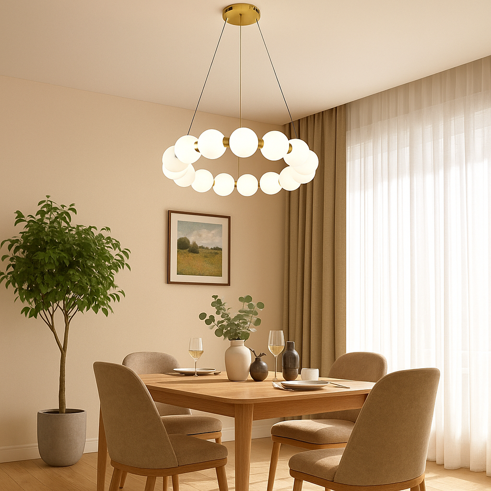 Lustra LED rotunda aurie cu globuri opal deasupra mesei de dining, iluminare reglabila moderna