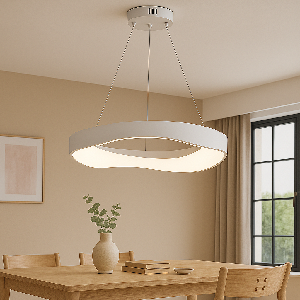 Lustra LED rotunda alba 520mm deasupra mesei de dining, iluminare uniforma moderna