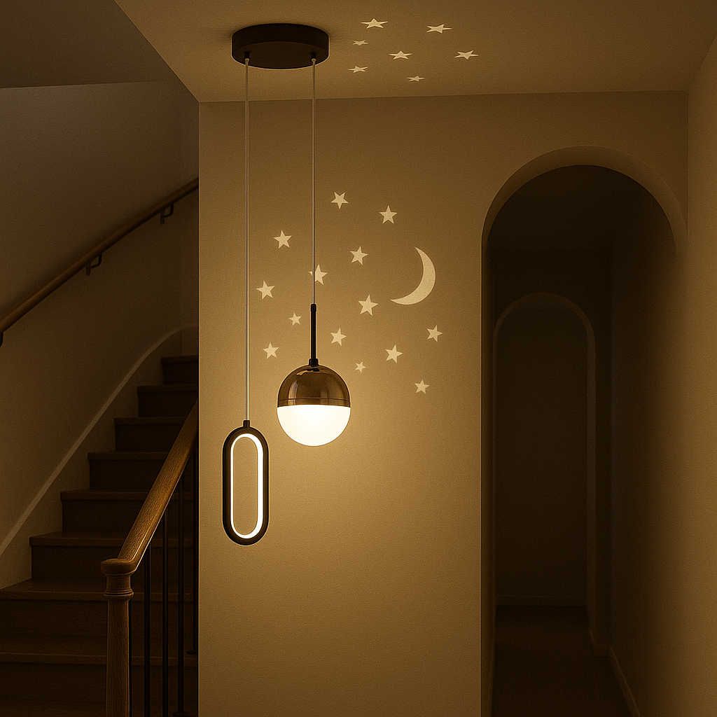 Pendul LED 7679/2 cu lumina reglabila si cablu ajustabil, telecomanda inclusa, potrivit pentru scari moderne si tavan mediu-inalt.