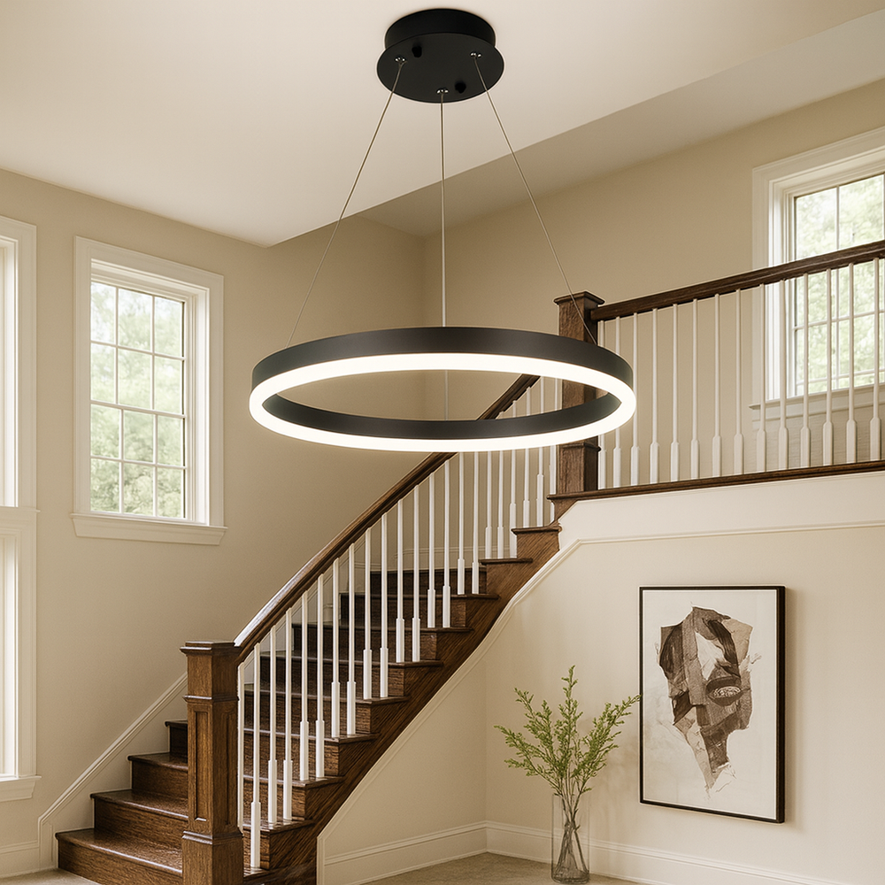 Lustra LED cerc rotund negru mat 44W cu telecomanda, iluminare decorativa pentru scara