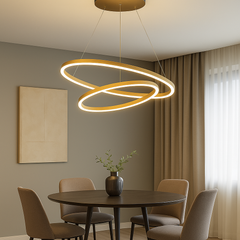 Lustra LED 2 cercuri auriu satinat 140W cu telecomanda, accent rafinat pentru zona de dining