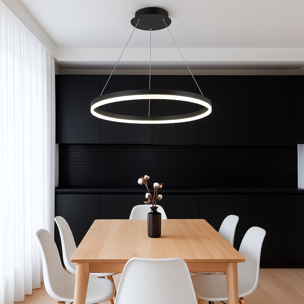 Lustra LED cerc rotund negru mat 55W cu telecomanda, punct focal elegant pentru dining