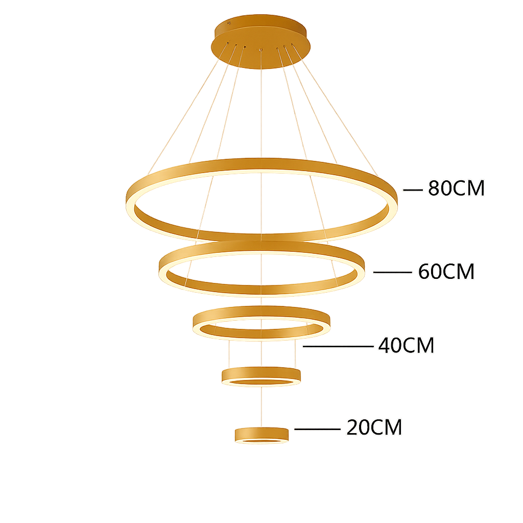Lustra LED patru cercuri auriu 220W cu telecomanda, iluminare luxoasa pentru bar si receptie