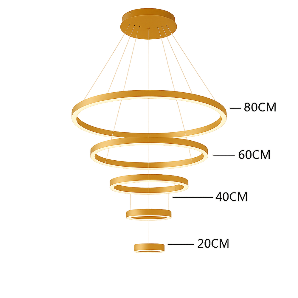Lustra LED patru cercuri auriu 220W cu telecomanda, iluminare luxoasa pentru bar si receptie