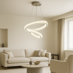 Lustra LED cristal 2 cercuri concentric Crystal Duo 100W cu telecomanda, punct focal pentru living cu tavan inalt