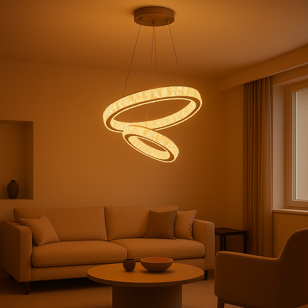 Lustra LED cristal 2 cercuri concentric Crystal Duo 100W cu telecomanda, punct focal pentru living cu tavan inalt