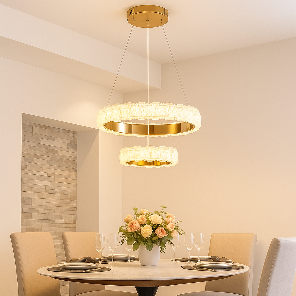 Ideala deasupra mesei de dining, lustra LED cu 2 cercuri asigura iluminare uniforma si aspect rafinat.