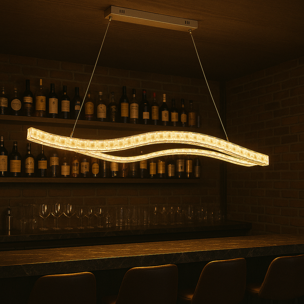 Lustra LED ondulata auriu Dual Wave 120W cu telecomanda, iluminare moderna pentru bar si zona de bar counter