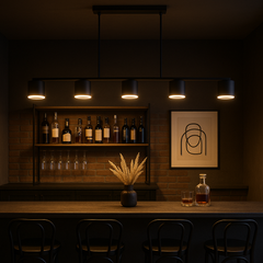 Pendul LUBAN Noir modern cu 5 surse GX53 si finisaj negru mat, ideal pentru livinguri contemporane cu iluminare uniforma.