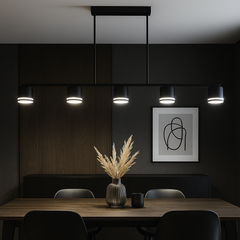 Pendul LUBAN Noir cu 5 surse GX53 si design negru mat, perfect pentru zone de dining moderne ce necesita lumina ampla.