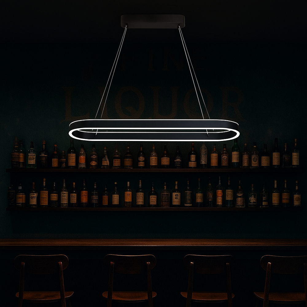 Lustra LED ovala neagra 140W cu telecomanda, iluminare premium pentru bar sau bar counter
