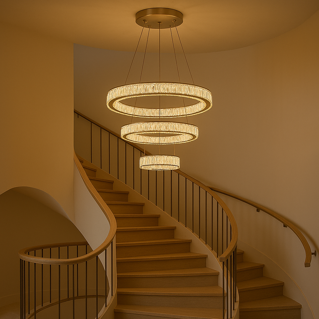 Lustra LED trei cercuri auriu Symphony 120W cu telecomanda, efect vizual impunator pentru scara interioara