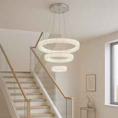 Lustra LED trei cercuri auriu Symphony 120W cu telecomanda, efect vizual impunator pentru scara interioara