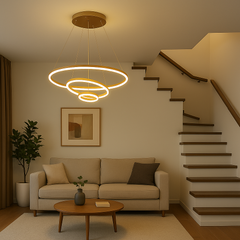 Lustra LED trei cercuri auriu 140W cu telecomanda, iluminare spectaculoasa pentru scara interioara